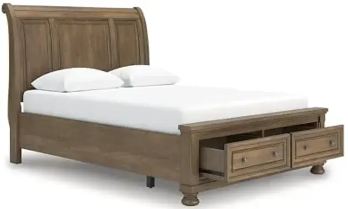 Signature Design by Ashley Vandenmore Traditional Storage Sleigh Bed, Foundation or Box Spring Not Needed, Queen, Dark Brown