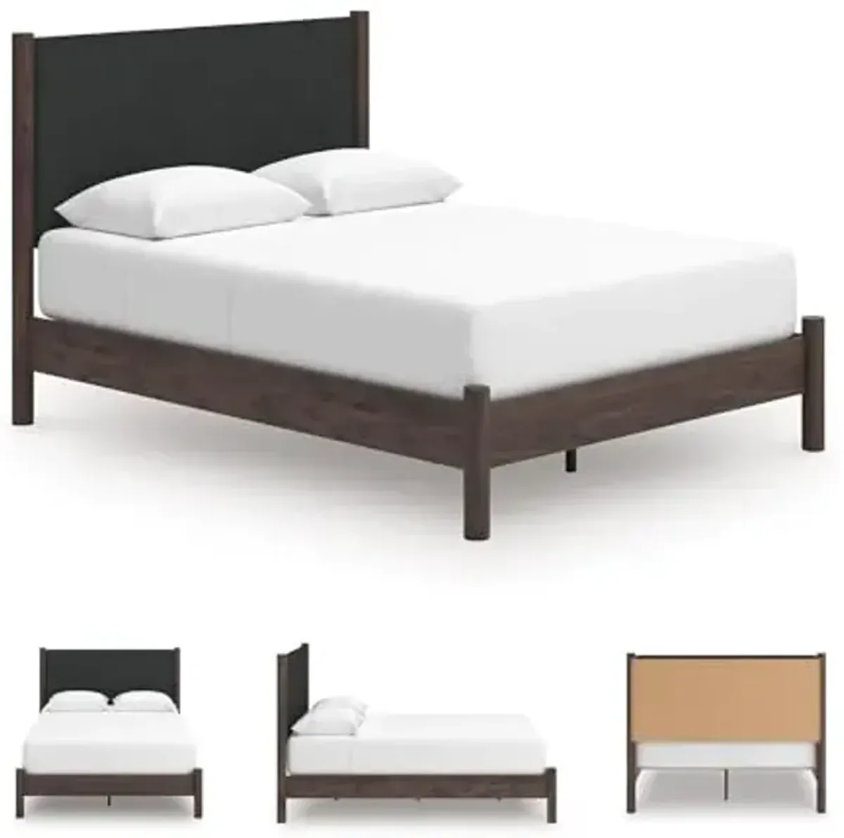 Signature Design by Ashley Cadmori Boho Chic Upholstered Panel Platform Bed, Foundation or Box Spring Not Needed, Queen, Dark Brown