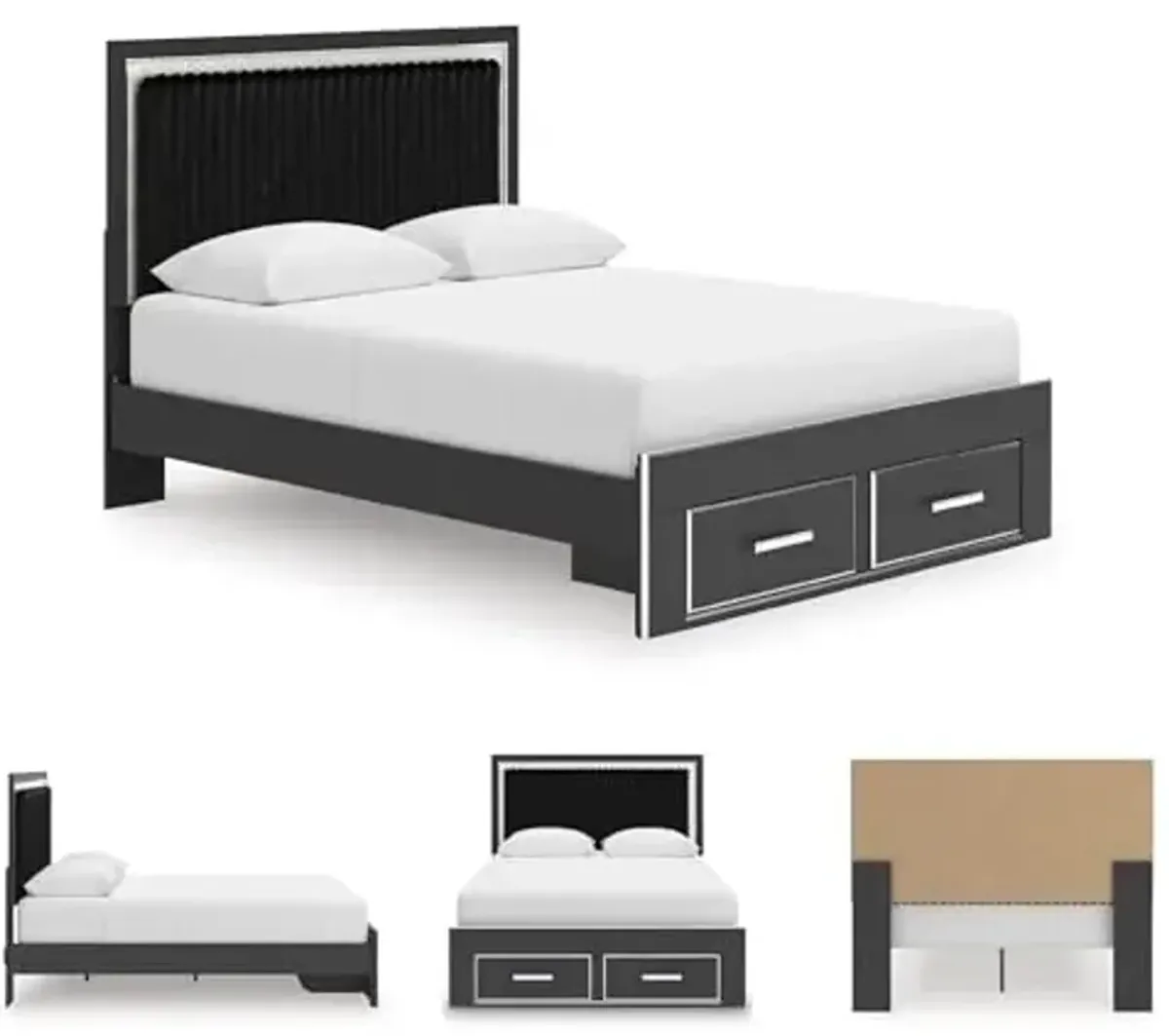 Signature Design by Ashley Birmonton Glam Upholstered Panel Storage Bed, Foundation or Box Spring Not Needed, Queen, Black