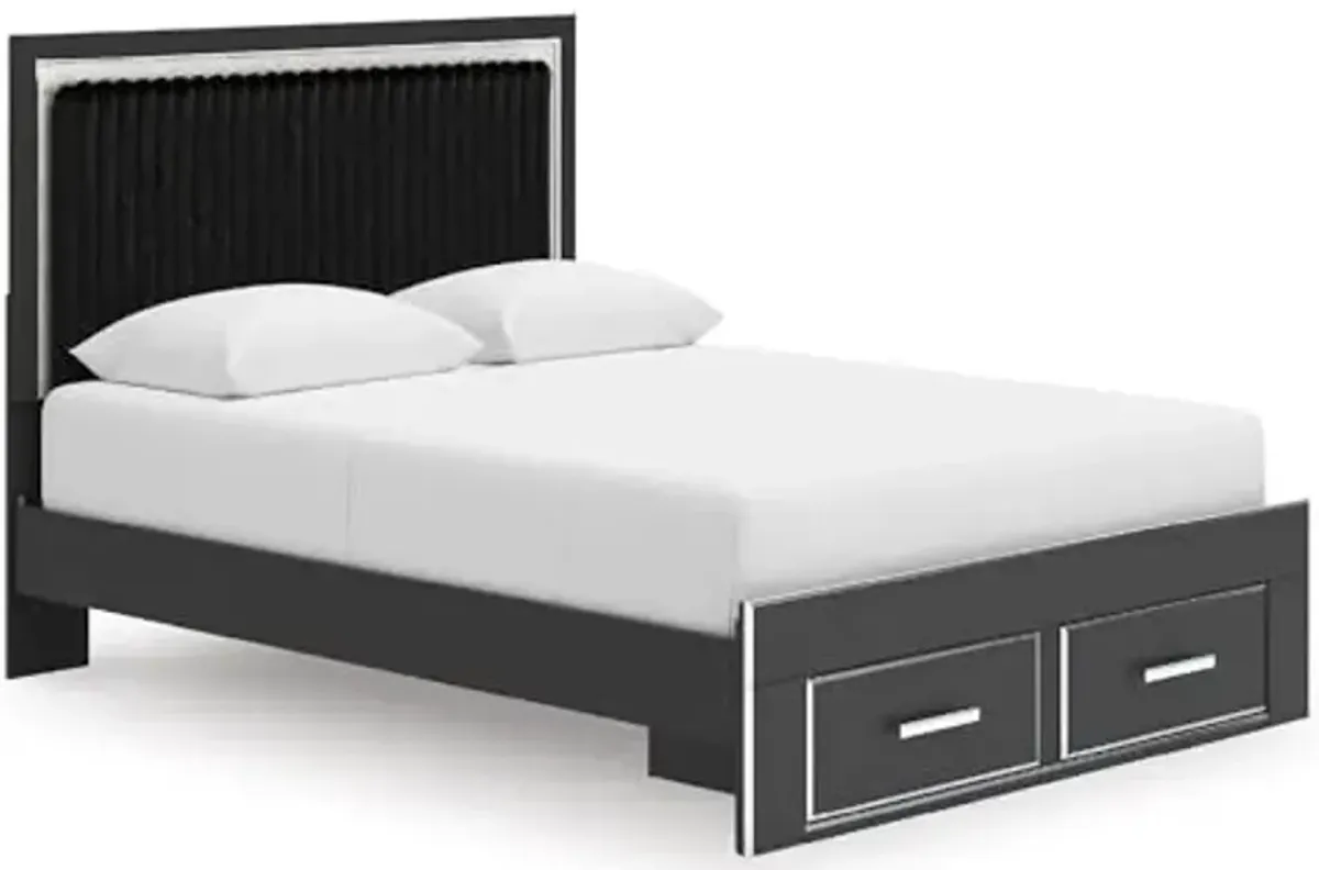 Signature Design by Ashley Birmonton Glam Upholstered Panel Storage Bed, Foundation or Box Spring Not Needed, Queen, Black