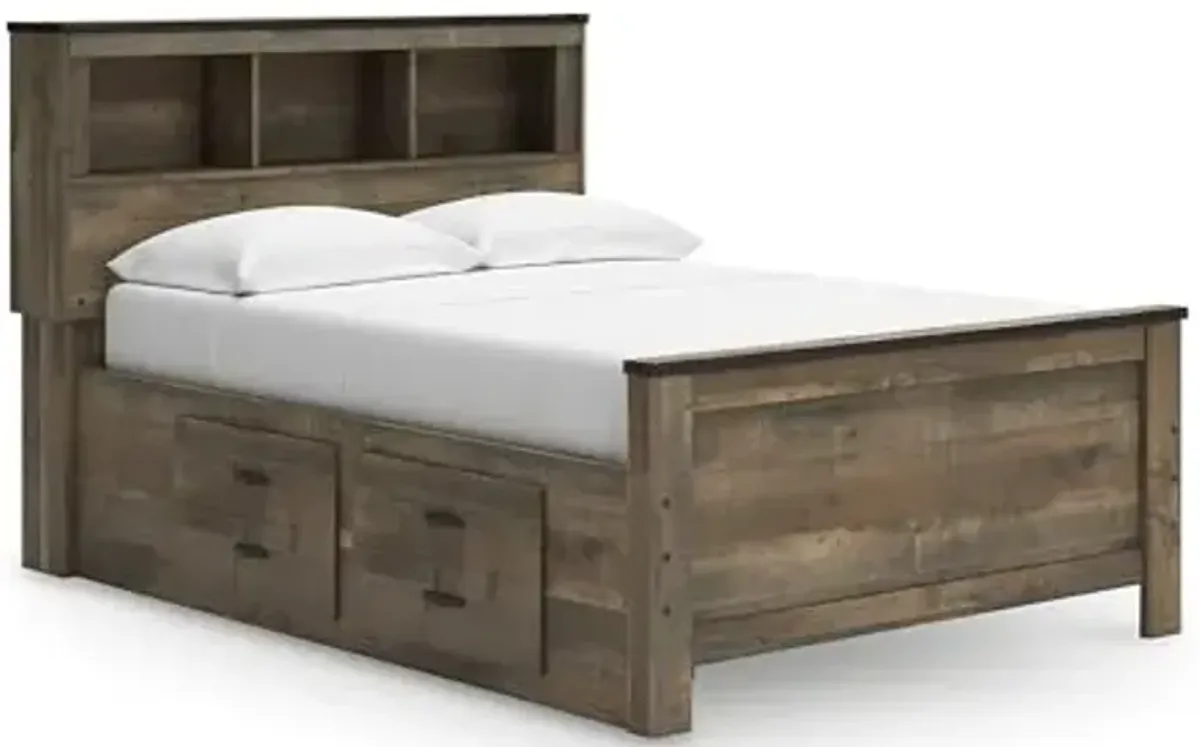 Signature Design by Ashley Trinell Casual Full Bookcase Platform Bed with 2 Storage Drawers and Nailheads, Foundation or Box Spring Not Needed, Dark Brown