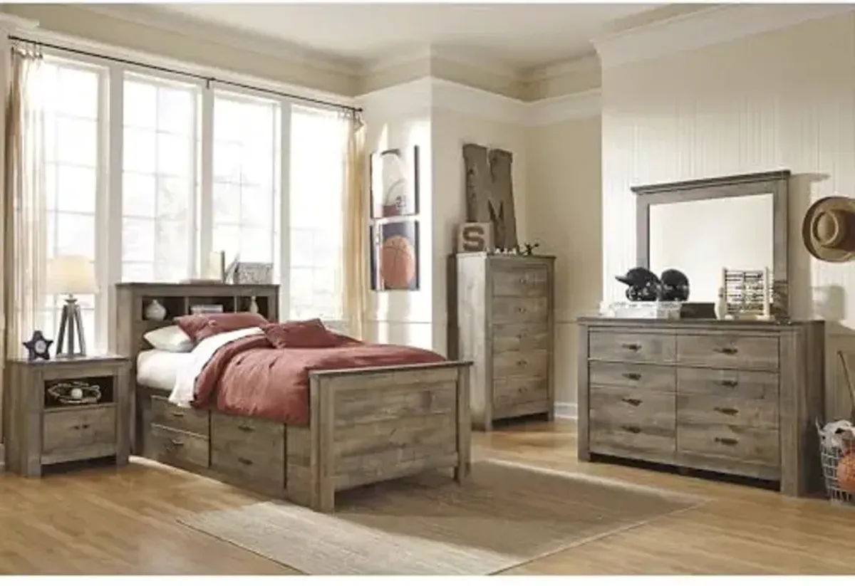 Signature Design by Ashley Trinell Casual Twin Bookcase Platform Bed with 2 Storage Drawers and Nailheads, Foundation or Box Spring Not Needed, Dark Brown