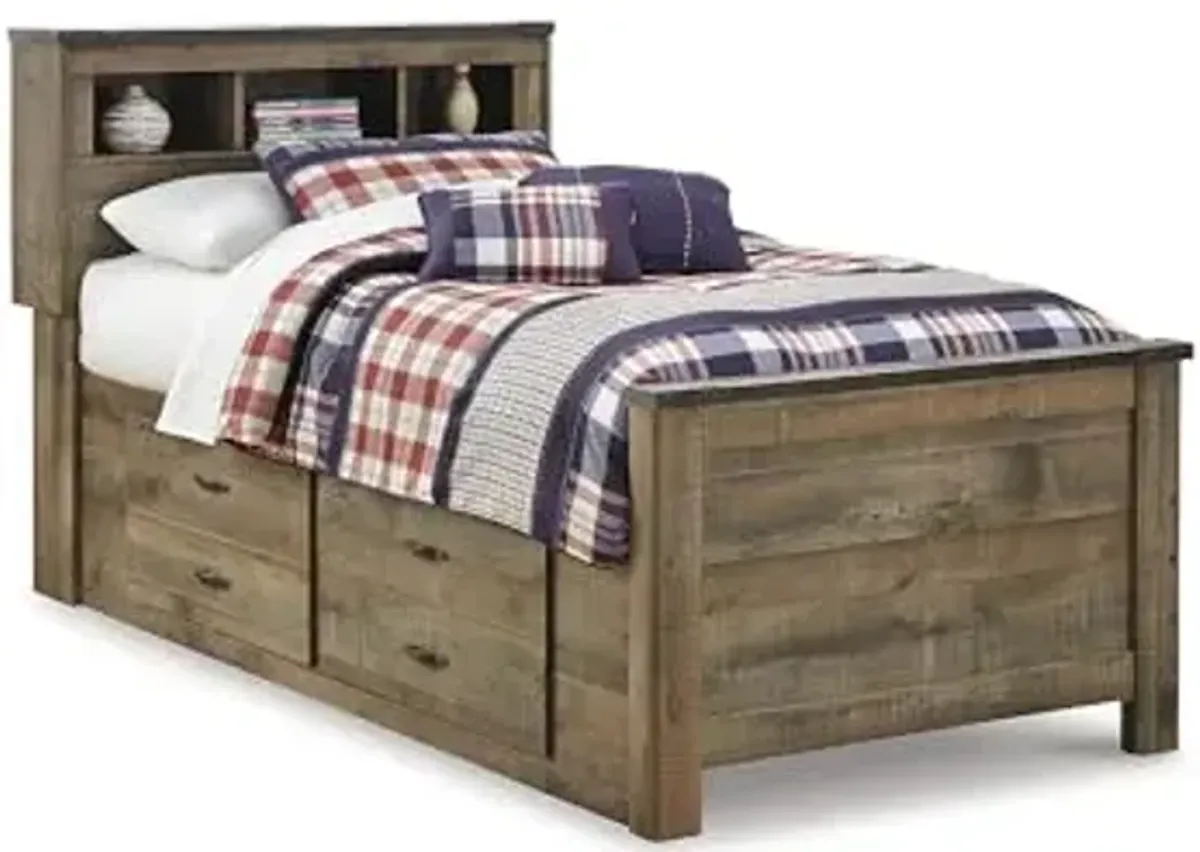 Signature Design by Ashley Trinell Casual Twin Bookcase Platform Bed with 2 Storage Drawers and Nailheads, Foundation or Box Spring Not Needed, Dark Brown