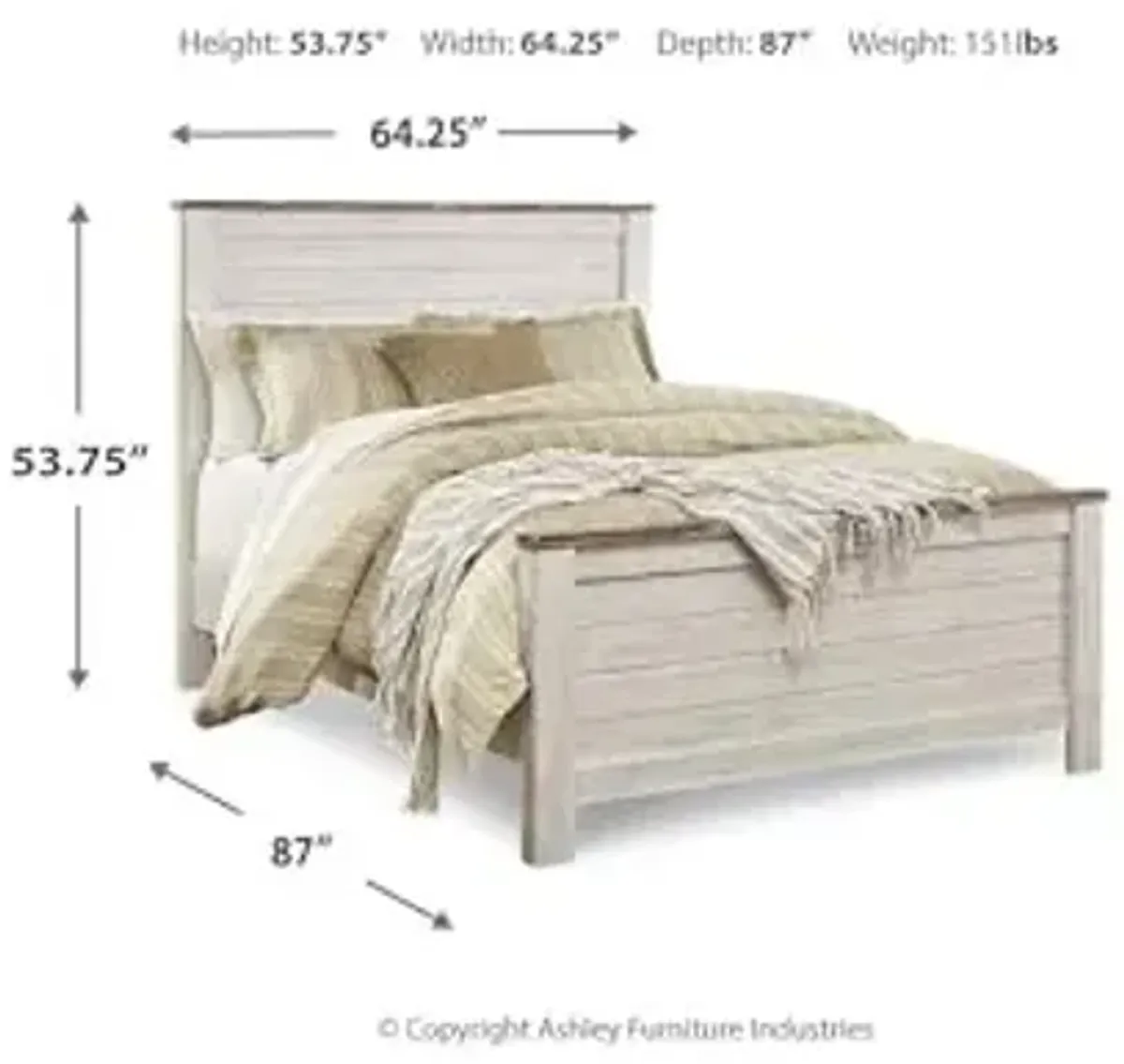 Signature Design by Ashley Willowton Shabby Chic Queen Panel Bed with Metal Slats, Foundation or Box Spring Needed, Whitewash