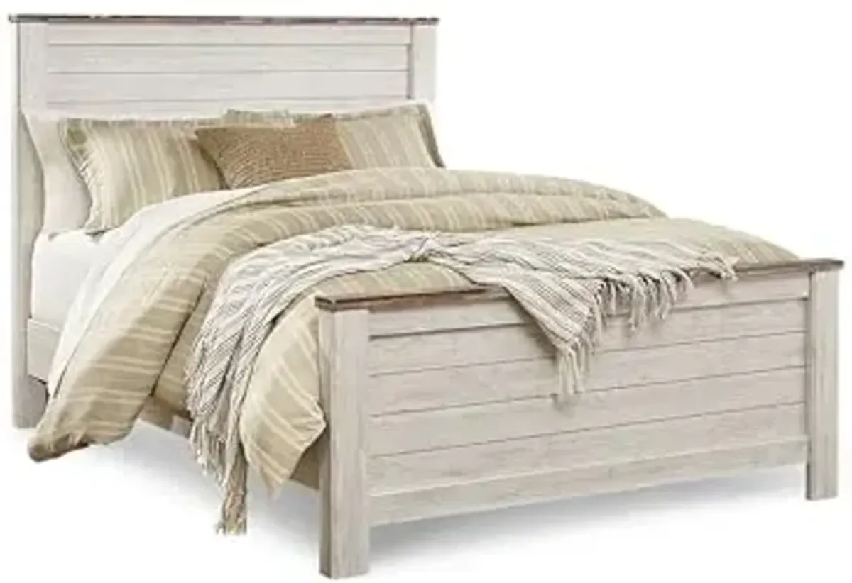 Signature Design by Ashley Willowton Shabby Chic Queen Panel Bed with Metal Slats, Foundation or Box Spring Needed, Whitewash