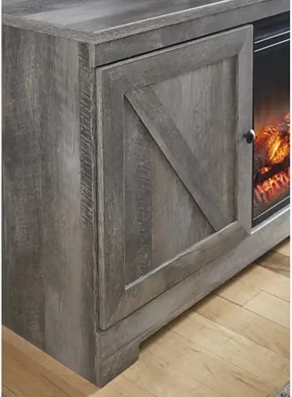 Signature Design by Ashley Wynnlow Rustic 4-Piece Entertainment Center for TVs up to 72" with Electric Fireplace, LED Lighting and Adjustable Temperature, Gray