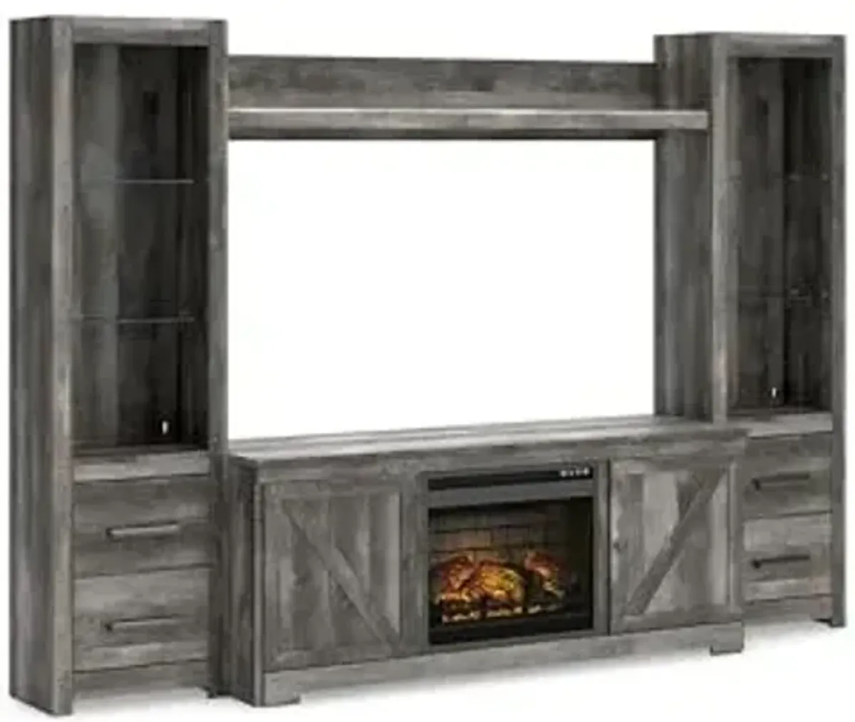 Signature Design by Ashley Wynnlow Rustic 4-Piece Entertainment Center for TVs up to 72" with Electric Fireplace, LED Lighting and Programmable Timer, Gray