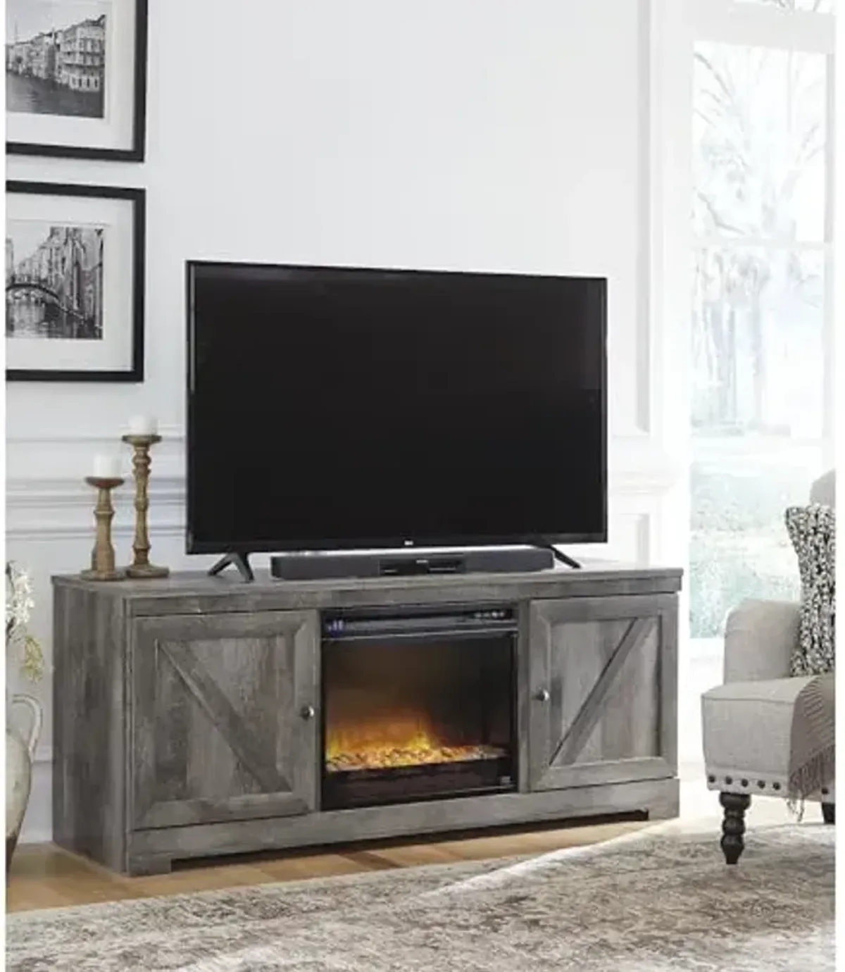 Signature Design by Ashley Wynnlow Farmhouse 63" TV Stand for TVs up to 72" with Electric Fireplace, Light Gray