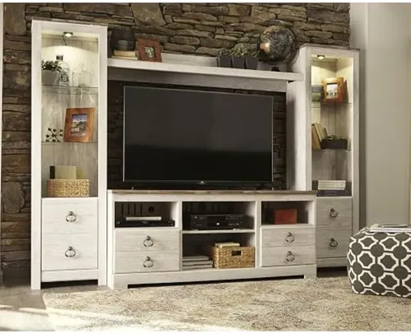 Signature Design by Ashley Willowton Vintage 4-Piece Entertainment Center for TVs up to 72" with LED Lights, Whitewash