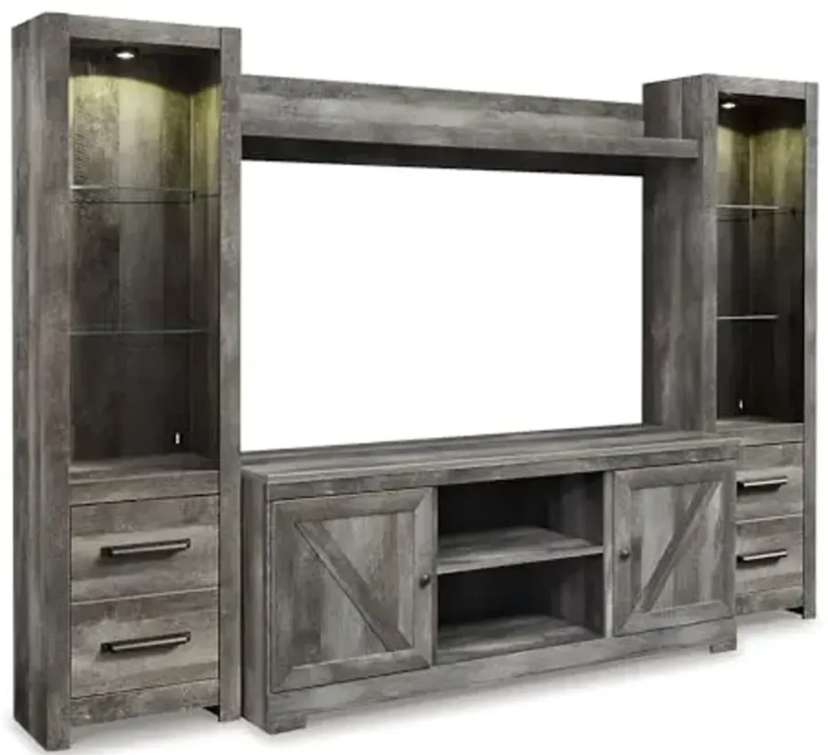 Signature Design by Ashley Wynnlow Rustic 4-Piece Entertainment Center for TVs up to 72" with LED Lighting and Adjustable Shelf, Gray