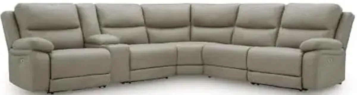 Signature Design by Ashley Brannigan L-Shape Right-Arm Facing Contemporary Faux Leather 6-Piece Reclining Sectional with Storage Console and Adjustable Headrest, Light Gray