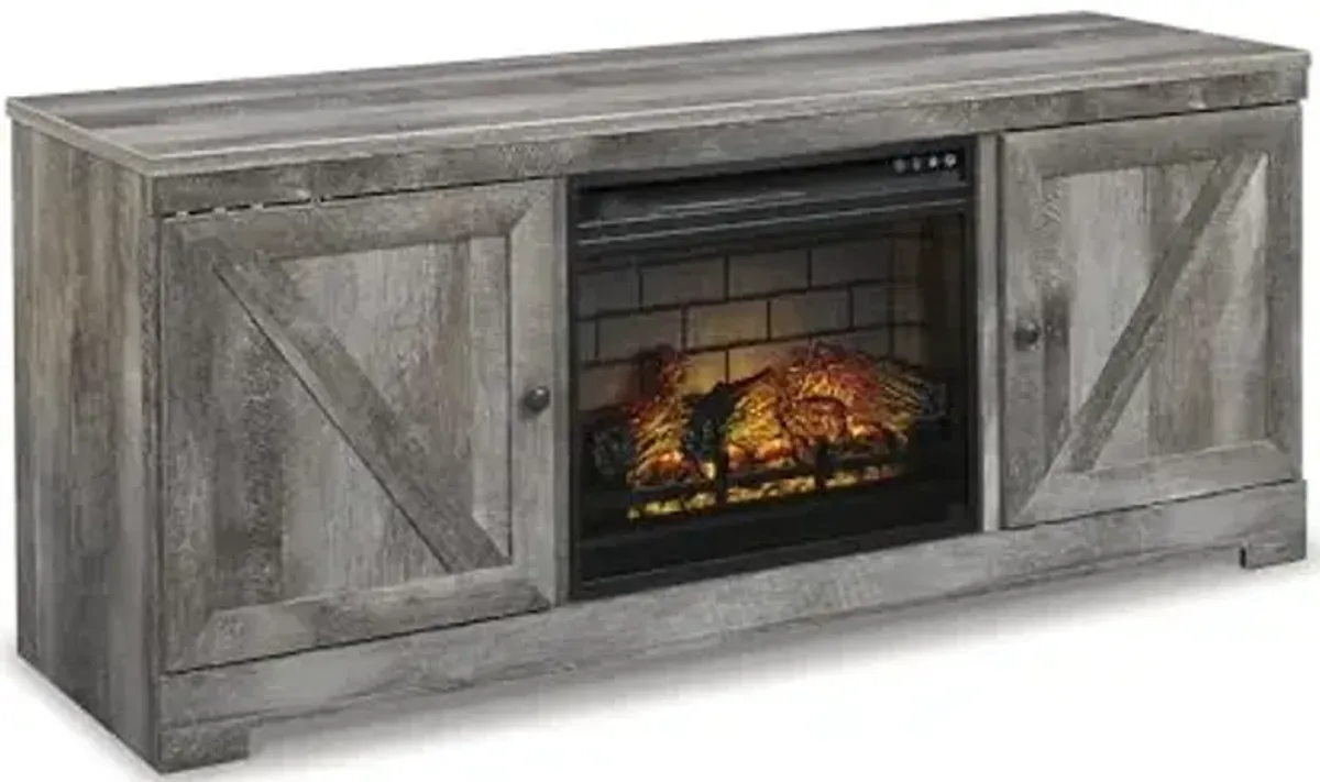 Signature Design by Ashley Wynnlow Farmhouse 63" TV Stand for TVs up to 72" with Electric Fireplace and Timer Function, Light Gray