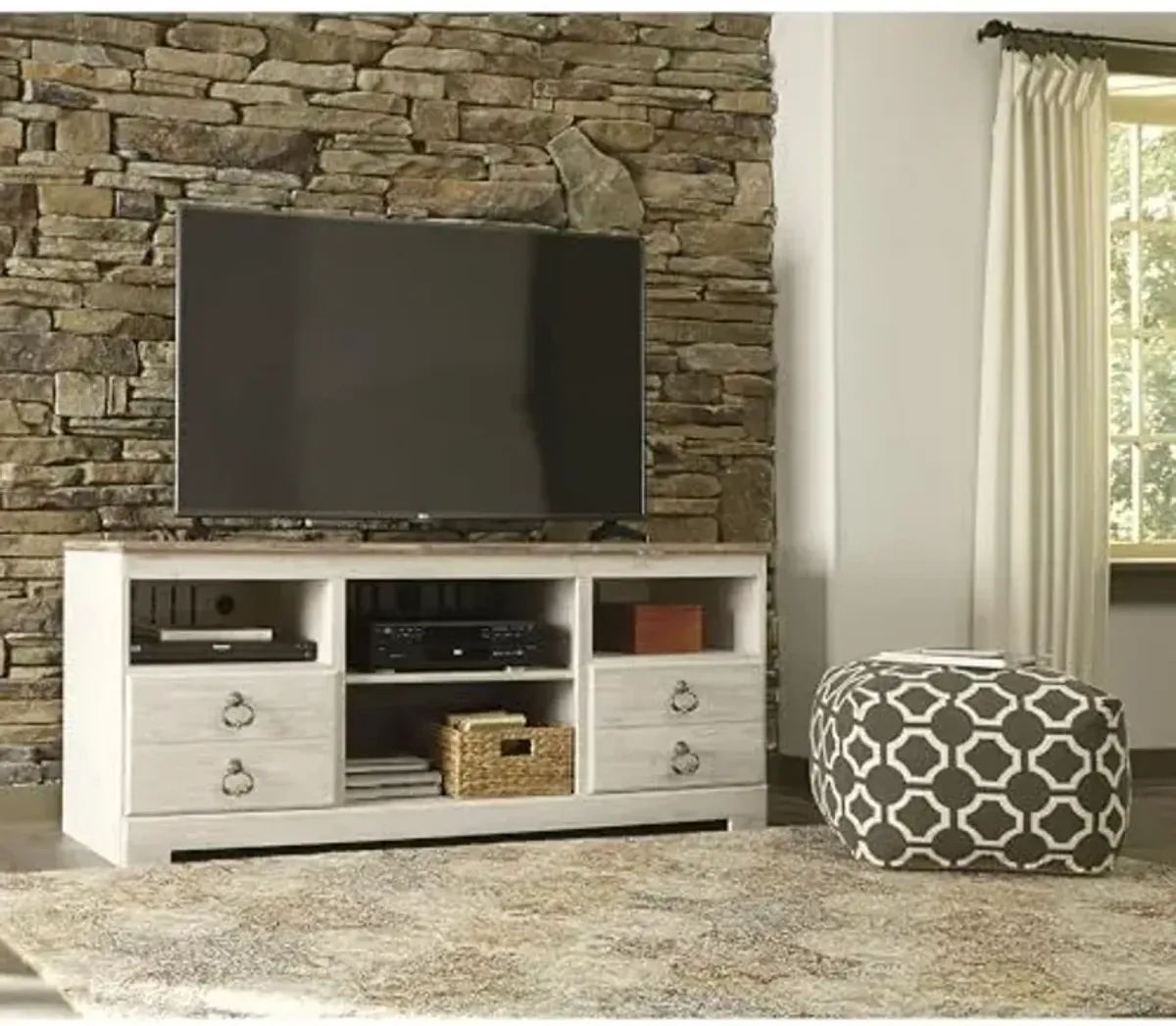 Signature Design by Ashley Willowton Coastal 4-Piece Entertainment Center for TVs up to 73" with Electric Fireplace, LED Lighting and Adjustable Temperature, Beige
