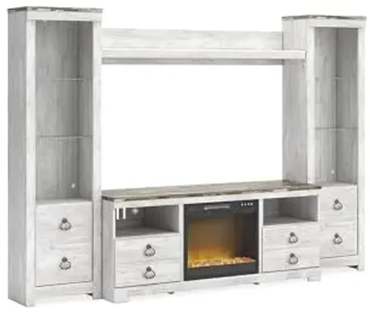 Signature Design by Ashley Willowton Coastal 4-Piece Entertainment Center for TVs up to 73" with Electric Fireplace, LED Lighting and Adjustable Temperature, Beige