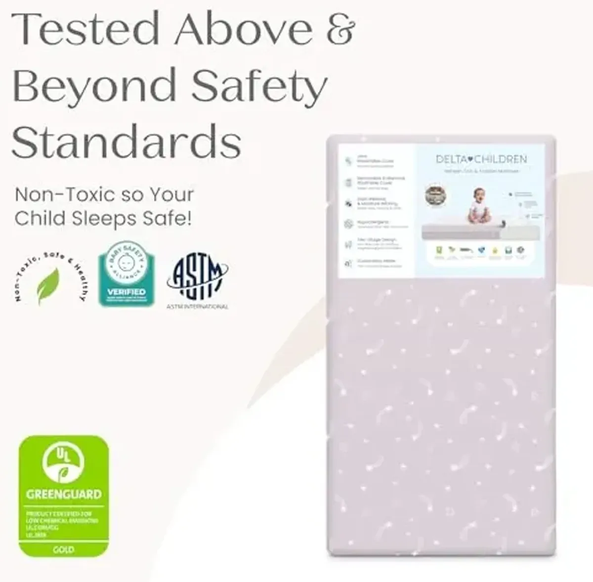 Delta Children Refresh 2-Stage Crib and Toddler Mattress - Breathable Cover and Core - Machine Washable - GREENGUARD Gold – Waterproof - Sustainably Sourced Core, Pink