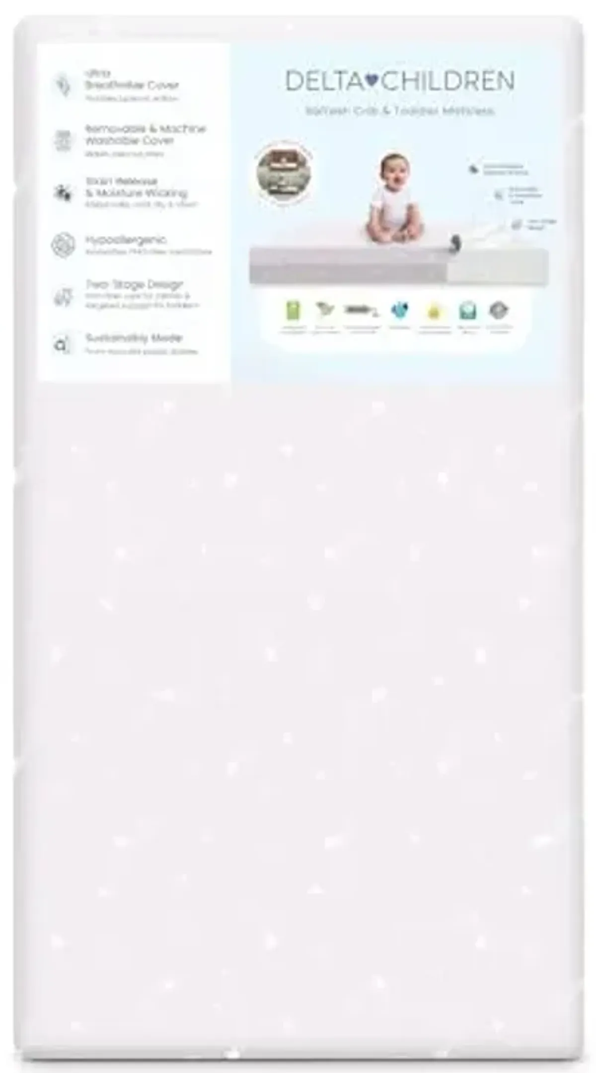 Delta Children Refresh 2-Stage Crib and Toddler Mattress - Breathable Cover and Core - Machine Washable - GREENGUARD Gold – Waterproof - Sustainably Sourced Core, Pink