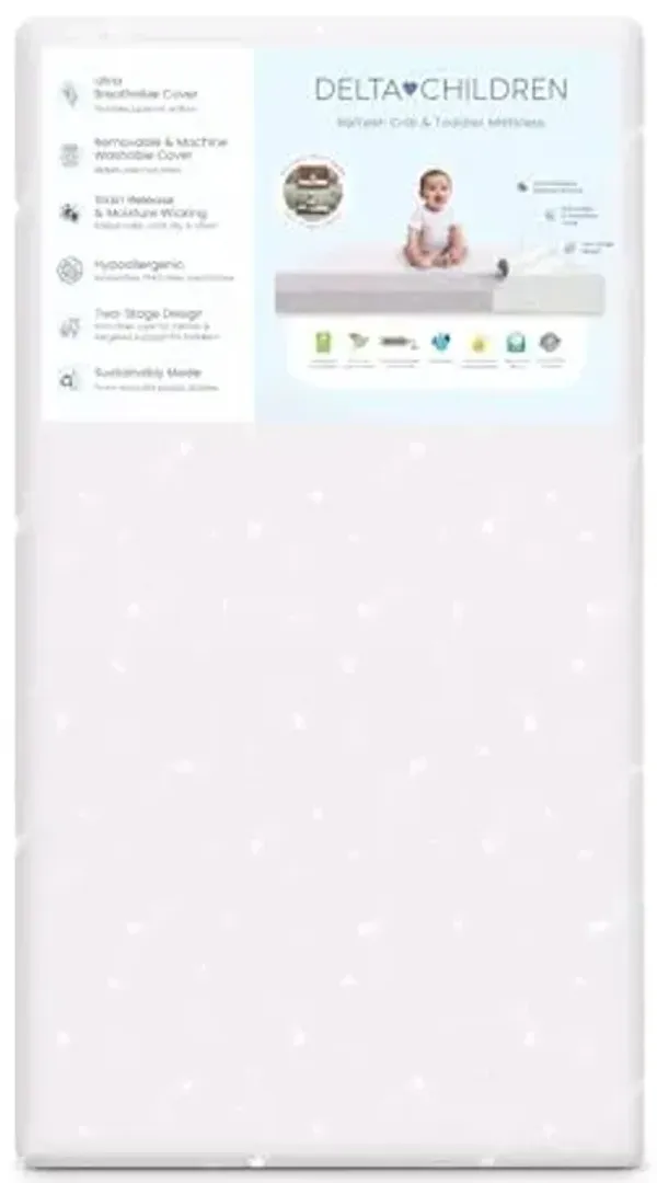 Delta Children Refresh 2-Stage Crib and Toddler Mattress - Breathable Cover and Core - Machine Washable - GREENGUARD Gold – Waterproof - Sustainably Sourced Core, Pink