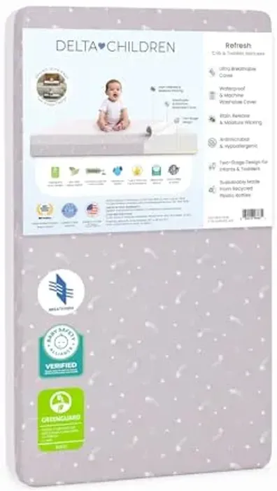 Delta Children Refresh 2-Stage Crib and Toddler Mattress - Breathable Cover and Core - Machine Washable - GREENGUARD Gold – Waterproof - Sustainably Sourced Core, Pink