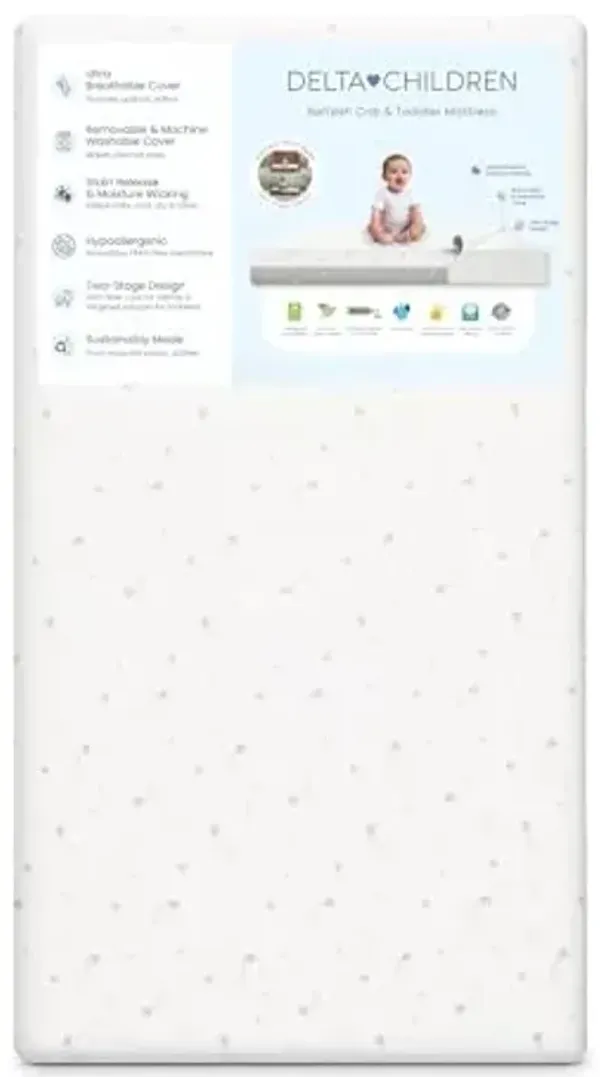 Delta Children Refresh 2-Stage Crib and Toddler Mattress - Breathable Cover and Core - Machine Washable - GREENGUARD Gold – Waterproof - Sustainably Sourced Core, Grey