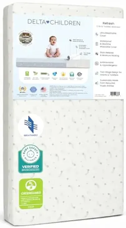 Delta Children Refresh 2-Stage Crib and Toddler Mattress - Breathable Cover and Core - Machine Washable - GREENGUARD Gold – Waterproof - Sustainably Sourced Core, Grey