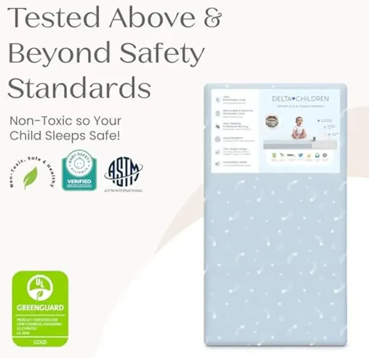 Delta Children Refresh 2-Stage Crib and Toddler Mattress - Breathable Cover and Core - Machine Washable - GREENGUARD Gold – Waterproof - Sustainably Sourced Core, Blue