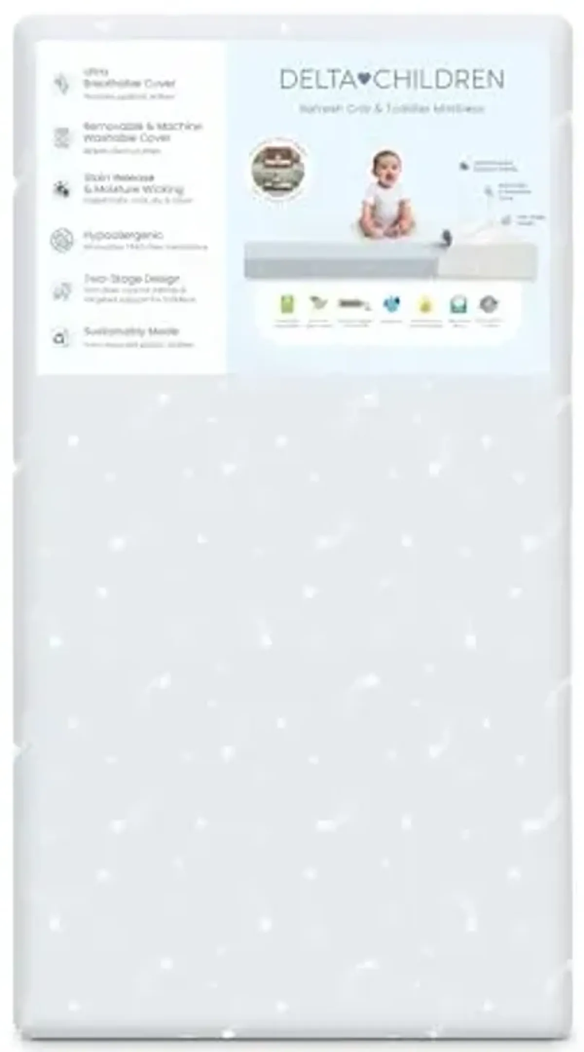 Delta Children Refresh 2-Stage Crib and Toddler Mattress - Breathable Cover and Core - Machine Washable - GREENGUARD Gold – Waterproof - Sustainably Sourced Core, Blue