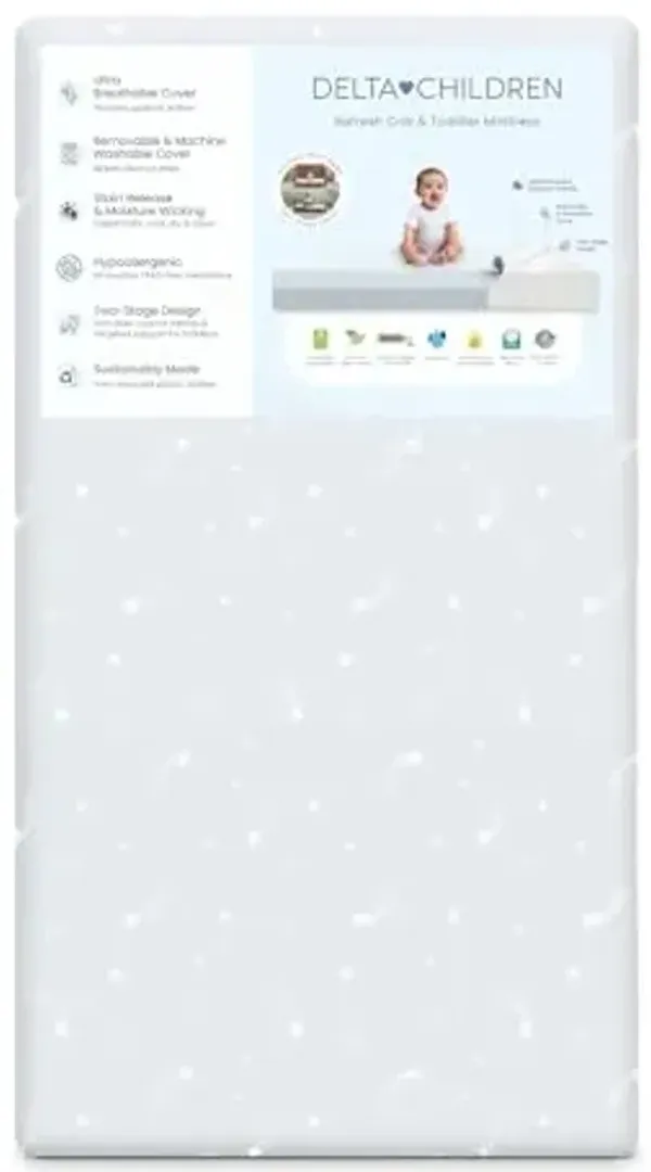 Delta Children Refresh 2-Stage Crib and Toddler Mattress - Breathable Cover and Core - Machine Washable - GREENGUARD Gold – Waterproof - Sustainably Sourced Core, Blue