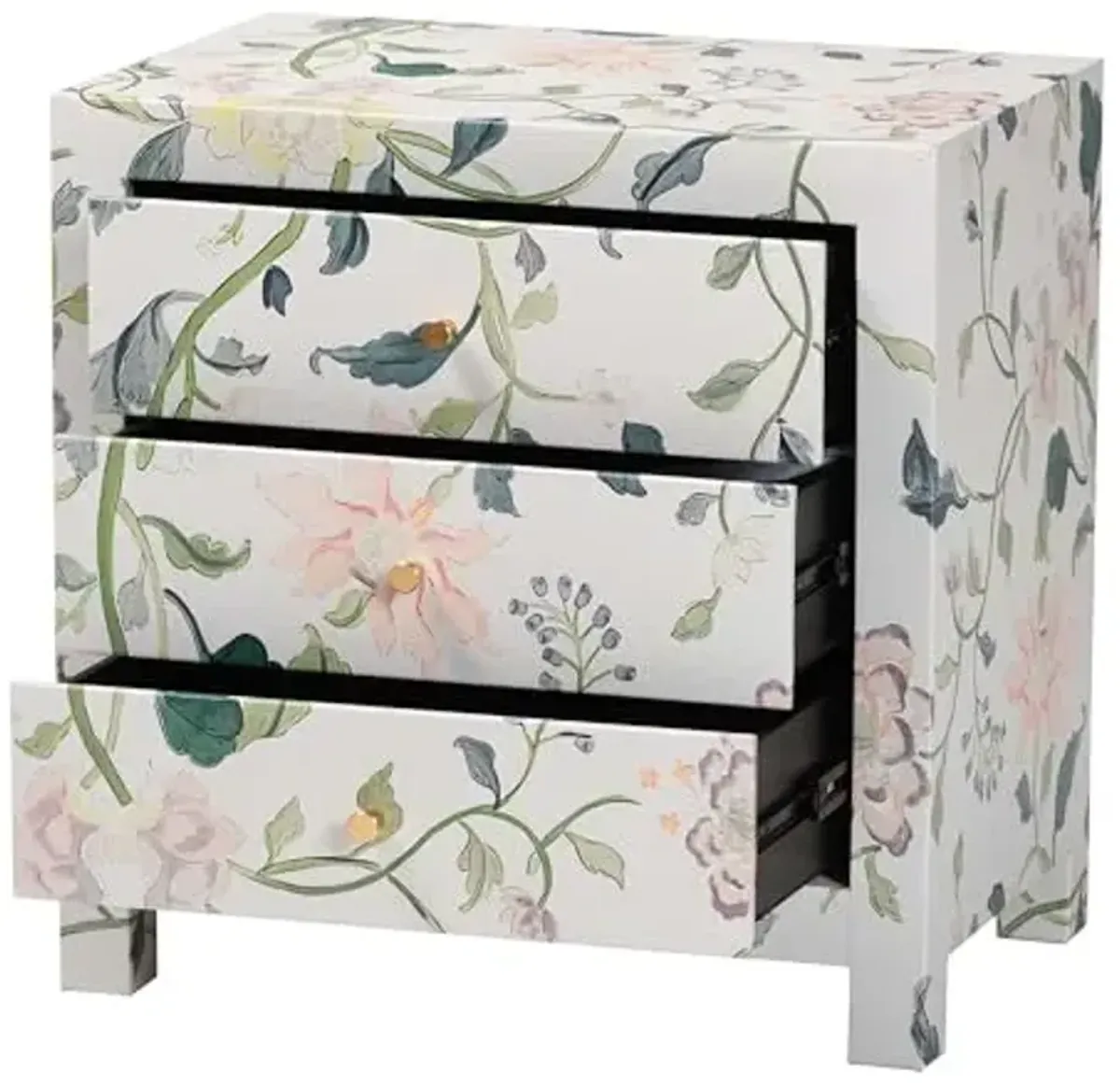 Baxton Studio Connery Floral End Table 3-Drawer Decorative Storage Cabinet