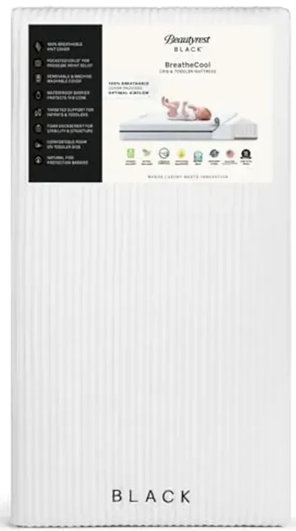 Beautyrest Black BreatheCool 2-Stage Crib and Toddler Mattress - Breathable & Machine Washable Cover - GREENGUARD Gold – Waterproof, White