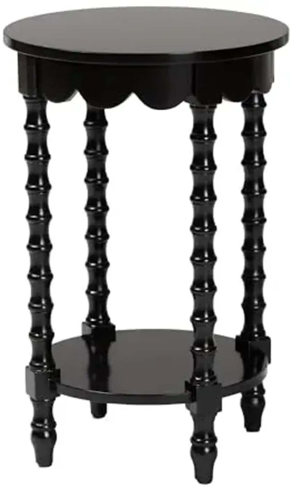 Baxton Studio Sally Round Nightstand with Bamboo Inspired Legs - Scalloped Bedroom Side Table with Open Shelf, Black