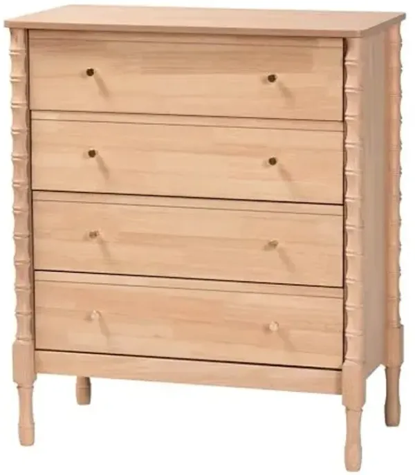 Baxton Studio Laurent Chest - 4-Drawer Bedroom Organizer with Bamboo-Style Turned Legs, Cottage Farmhouse Storage Cabinet for Clothing or Linens