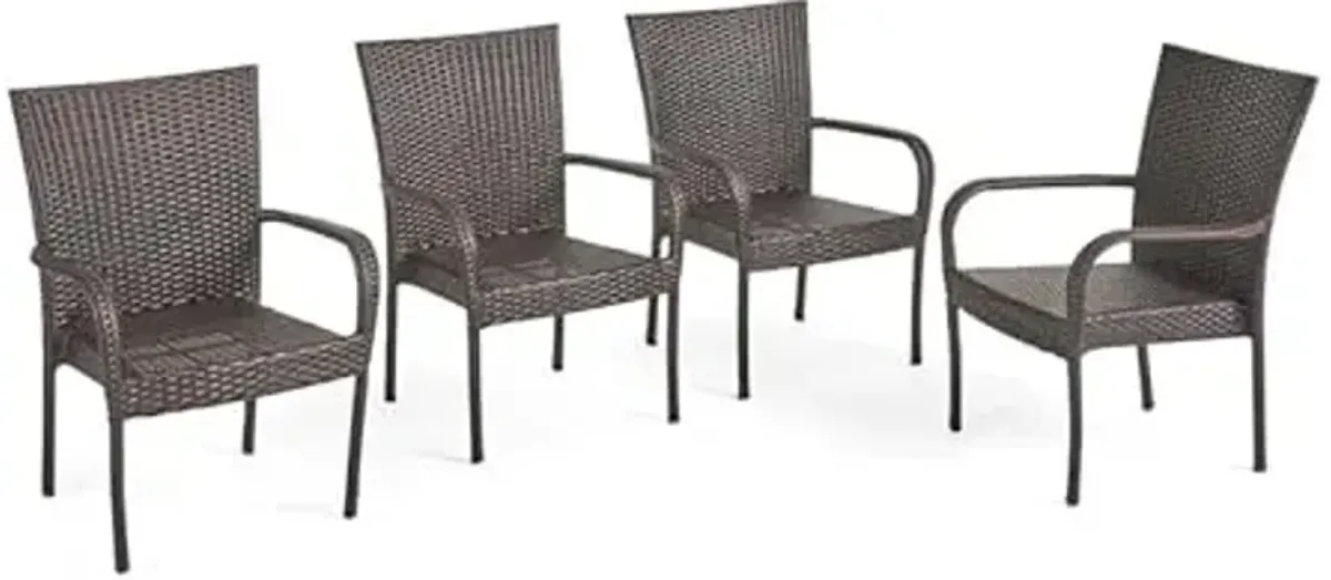 Christopher Knight Home Littleto PE Wicker Stacking Chairs Set of 4, Outdoor Patio Dining Chairs, Rattan Style Stackable Garden Chair, Curved Armrests, No Assembly Wicker Dining Chair, Multi-Brown
