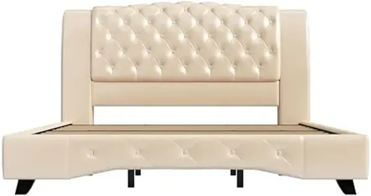 Christopher Knight Home Hira King Bed Frame and Headboard, King Size Bed Frame with Button Tufted, PU Leather Upholstered Platform Bed, Wooden Slats Support, No Box Spring Needed, Wheat