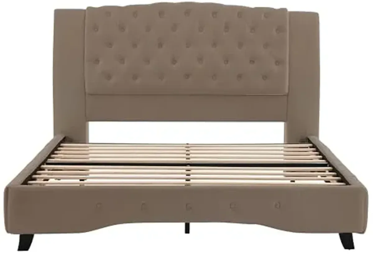 Christopher Knight Home Hira Queen Bed Frame with Headboard, Queen Size Bed Frame with Button Tufted, PU Leather Upholstered Platform Bed, Wooden Slats Support, No Box Spring Needed, Brown