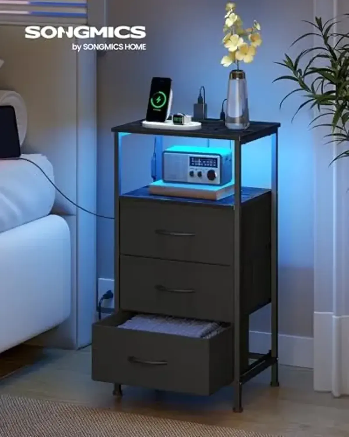 SONGMICS BELLAH Collection - Nightstand with Charging Station and App-Controlled Adjustable LED Lights, Bed Side Table, 3 Drawer and 1 Open Shelf, Bedroom, Ink Black and Ebony Black ULGS303BH01S