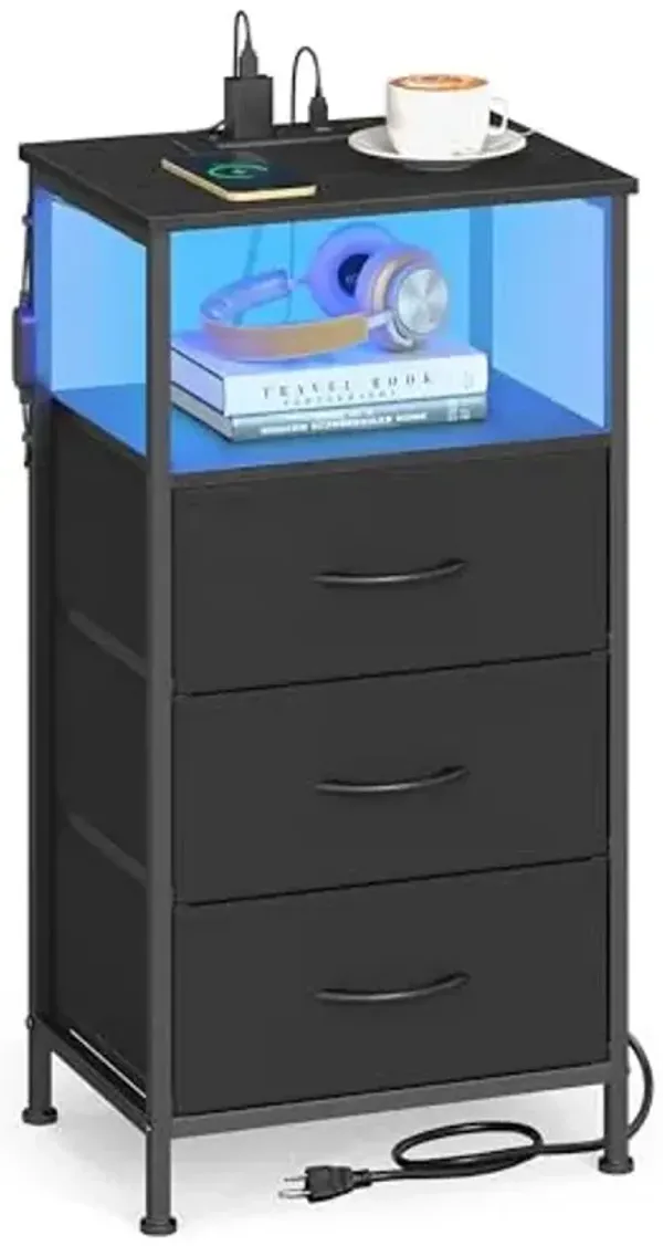 SONGMICS BELLAH Collection - Nightstand with Charging Station and App-Controlled Adjustable LED Lights, Bed Side Table, 3 Drawer and 1 Open Shelf, Bedroom, Ink Black and Ebony Black ULGS303BH01S