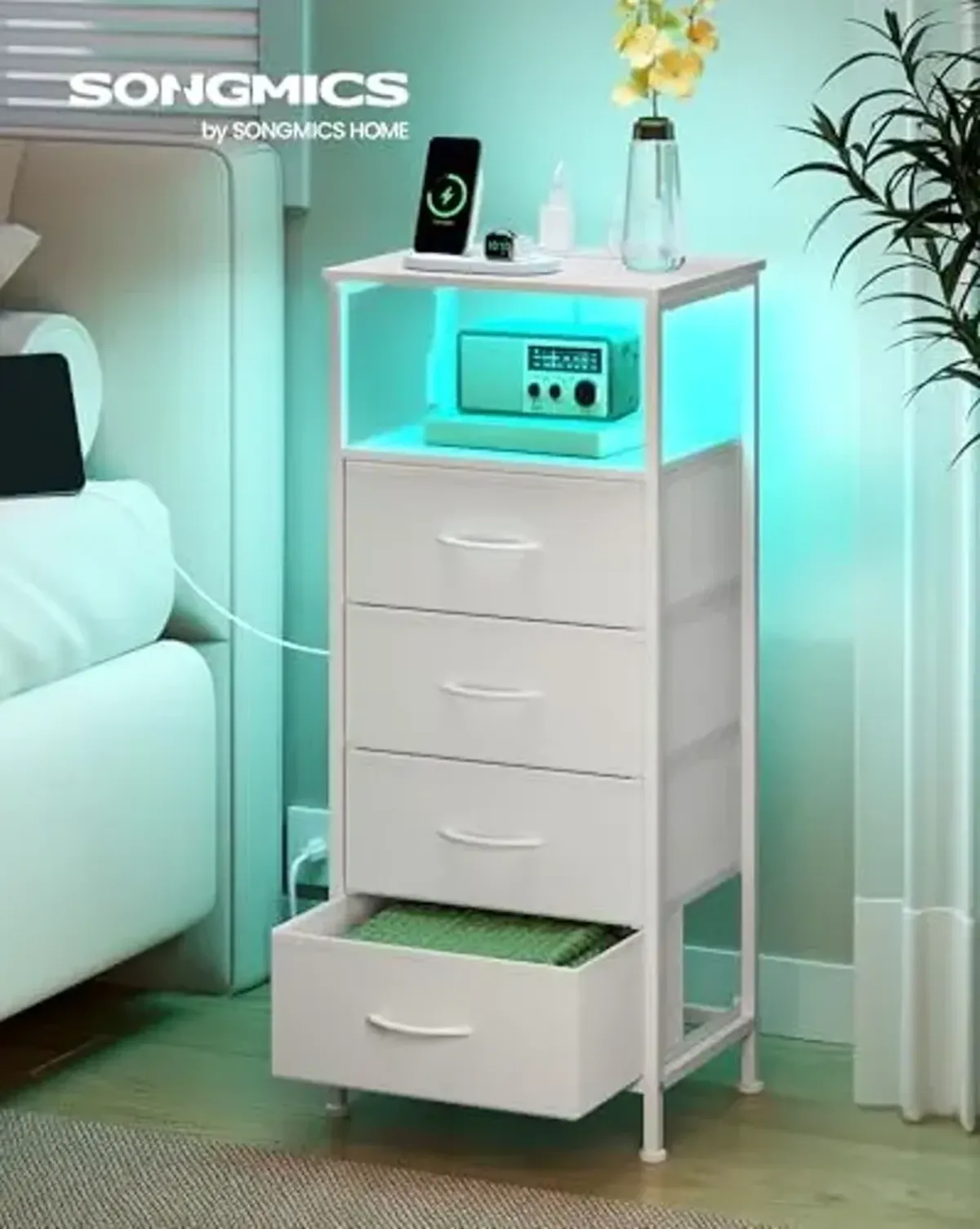 SONGMICS BELLAH Collection - Nightstand with Charging Station and App-Controlled Adjustable LED Lights, Bed Side Table, 3 Drawer and 1 Open Shelf, Bedroom, Cloud White and Snow White ULGS304WH01S