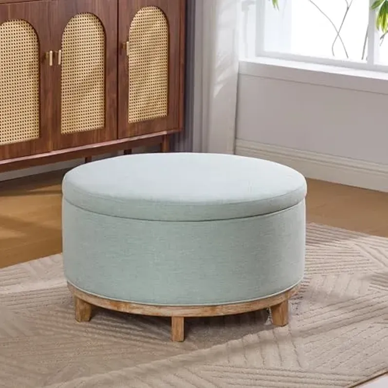 Christopher Knight Home Inla Modern Round Ottoman with Storage for Living Room, Lift-Lid Storage Ottoman Coffee Table, Upholstered Ottoman Foot Rest, Wooden Toy Box Storage, Mint Green+Natural