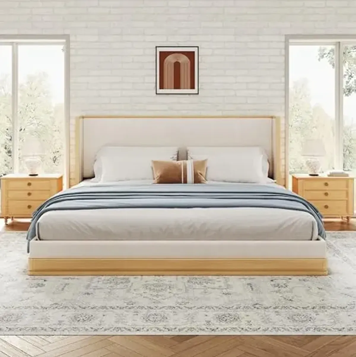 Christopher Knight Home Lavia Fabric Upholstered Queen Size Bed Frame with Headboard, Modern Queen Bed Frame and Headboard, Wooden Slats Support, Easy Assembly, No Box Spring Needed, Beige+Natural