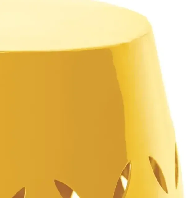 Christopher Knight Home Hayon 17.75'' Small Outdoor Side Table, Metal Outdoor Stool, Lace Cut Iron End Table, Hollow Drum Round Side Table, Decorative Garden Stool with Cutout Design, Yellow