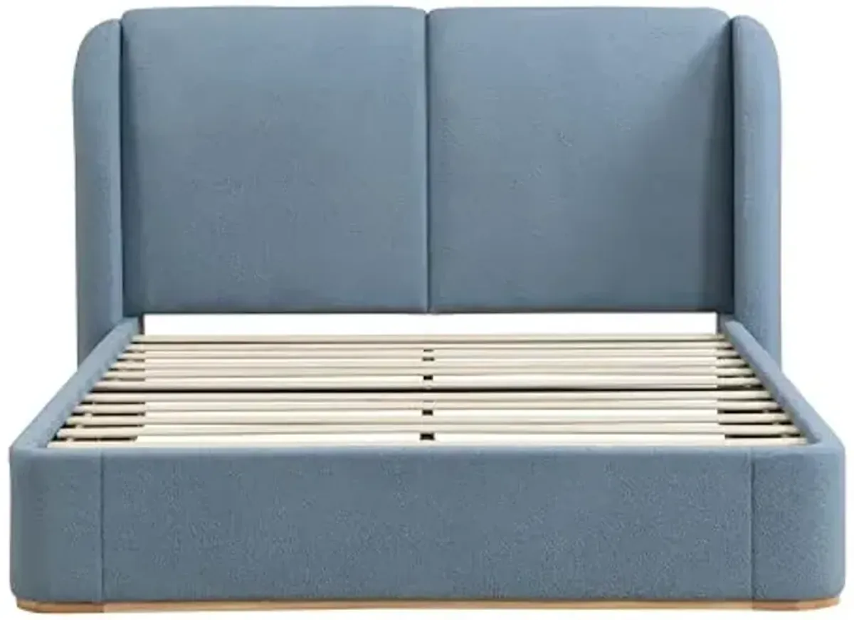 Christopher Knight Home Zita Boucle Upholstered Queen Bed Frame with Headboard, Wing Back Platform Bed, Wooden Queen Size Bed Frame, No Box Spring Needed, Slats Panel Support, Heavy Duty, Light Blue