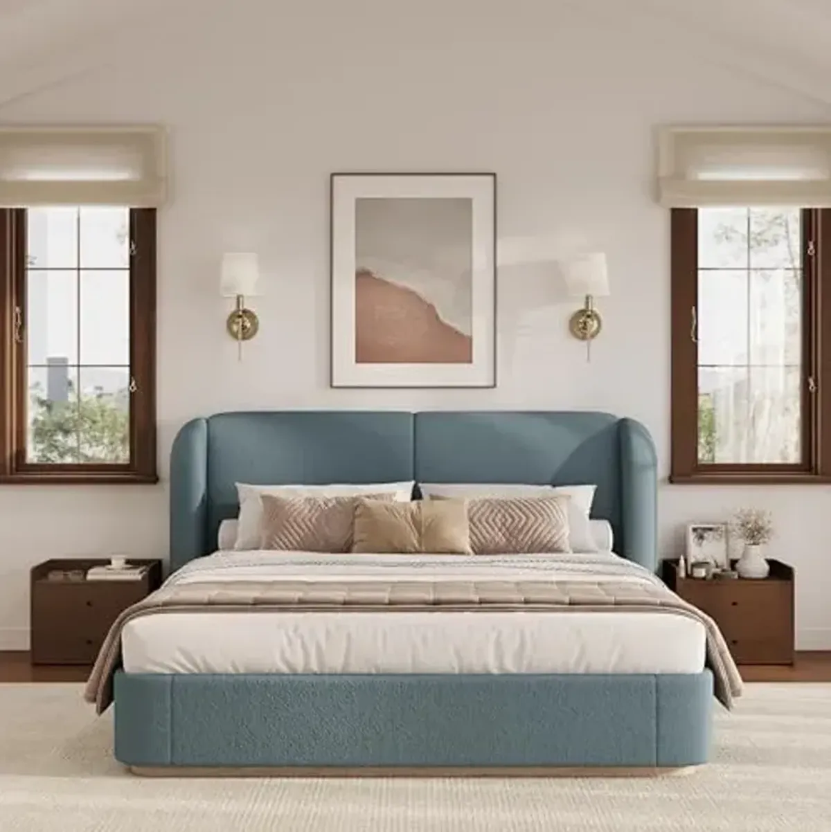 Christopher Knight Home Zita Boucle Upholstered Queen Bed Frame with Headboard, Wing Back Platform Bed, Wooden Queen Size Bed Frame, No Box Spring Needed, Slats Panel Support, Heavy Duty, Light Blue