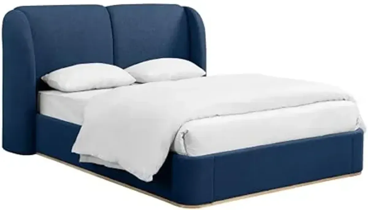 Christopher Knight Home Zita Boucle Upholstered Queen Bed Frame with Headboard, Wing Back Platform Bed, Wooden Queen Size Bed Frame, No Box Spring Needed, Slats Panel Support, Heavy Duty, Dark Blue