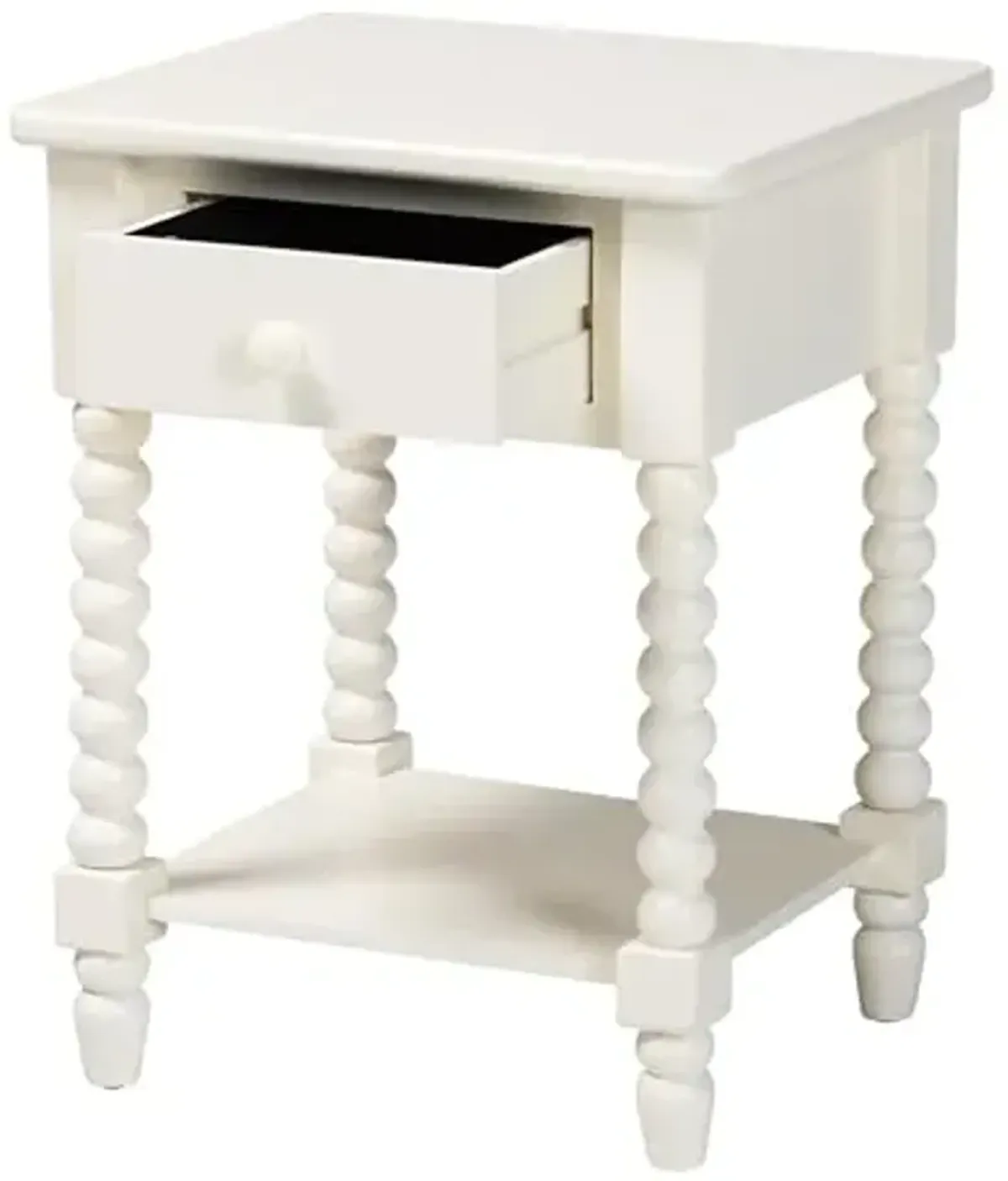 Baxton Studio Raynera End Table with Bobbin Legs - 1-Drawer Accent Table with Spindle Turned Legs and Open Shelf, Cottage Farmhouse Style Side Table for Living Room