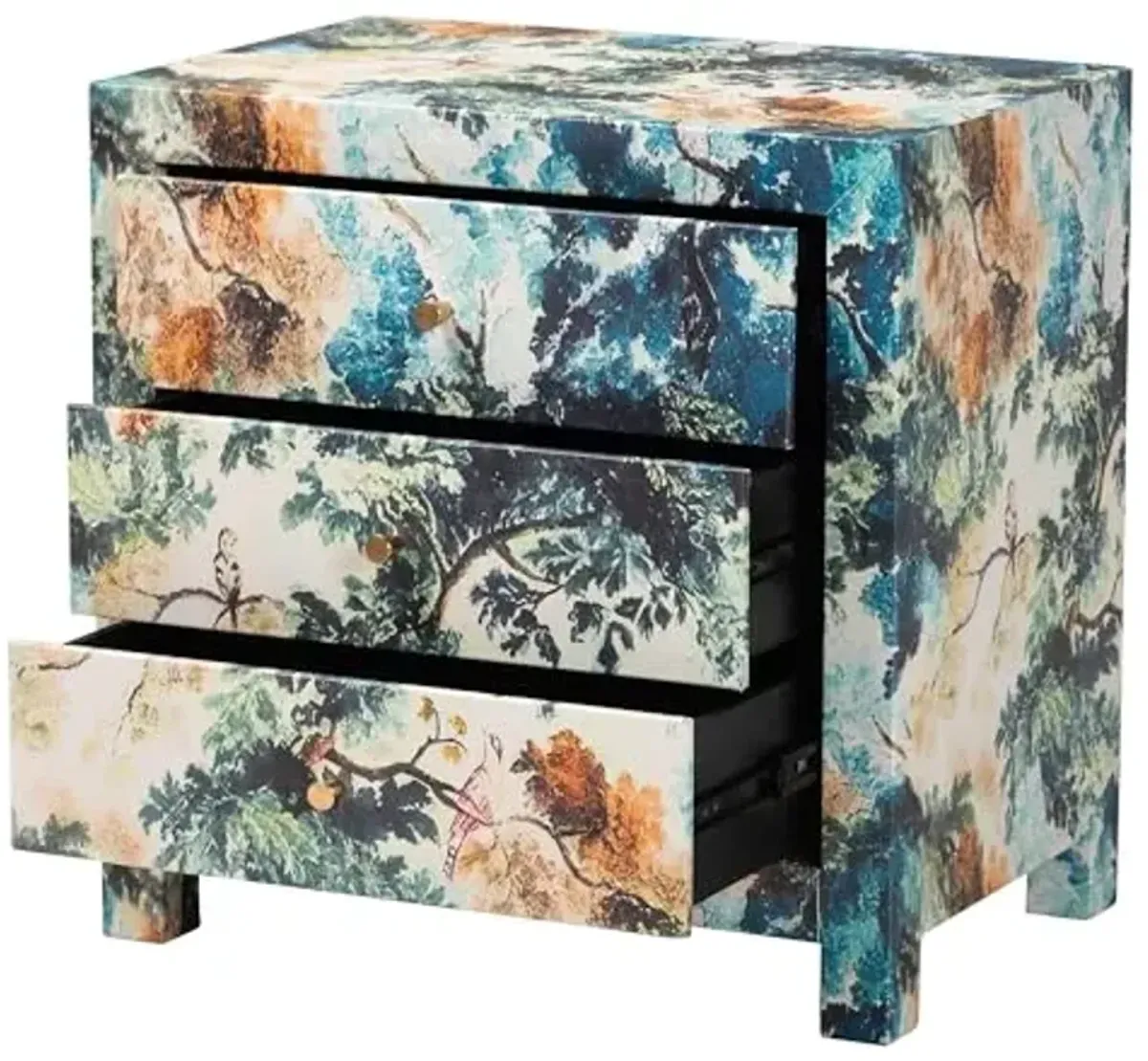 Baxton Studio Adeline End Table with Printed Nature Motif - 3-Drawer Storage Cabinet with Gold Knobs
