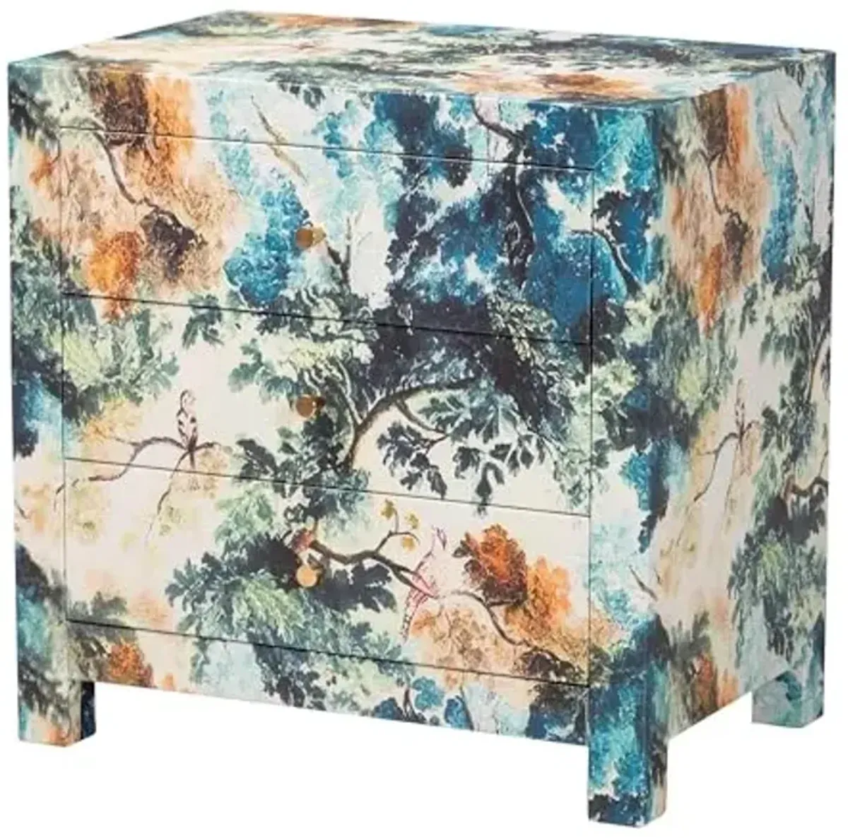 Baxton Studio Adeline End Table with Printed Nature Motif - 3-Drawer Storage Cabinet with Gold Knobs