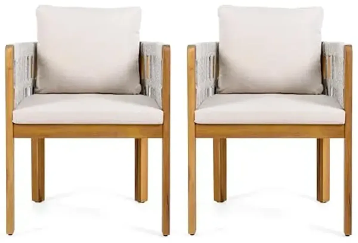 Christopher Knight Home Levi Acacia Wood Outdoor Dining Chairs Set of 2, Wooden Patio Dining Chair with Waterproof Cushions, Outdoor Kitchen Side Chair with Rope Woven Accent, Teak+Grey+Beige