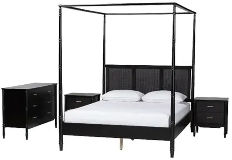 Baxton Studio Marisela 4 Piece Black Bedroom Set Rattan Headboard King