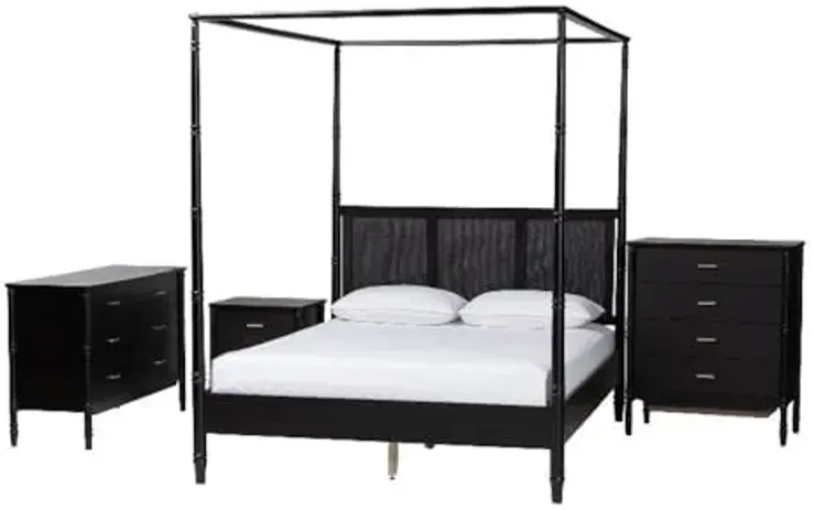 Baxton Studio Marisela 4 Piece Black Bedroom Set Rattan Headboard King