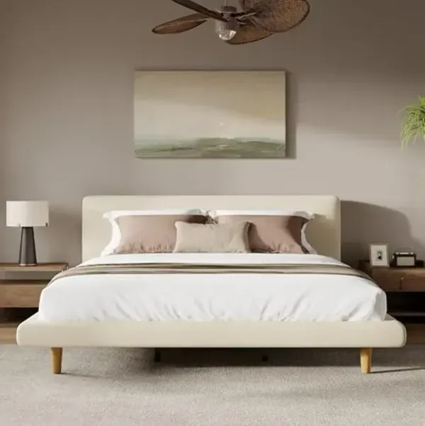 Christopher Knight Home Posey Modern California King Size Bed Frame with Upholstered Headboard, Solid Wood California King Size Platform Bed Frame, No Box Spring Needed, Easy Assembly, Beige+Natural